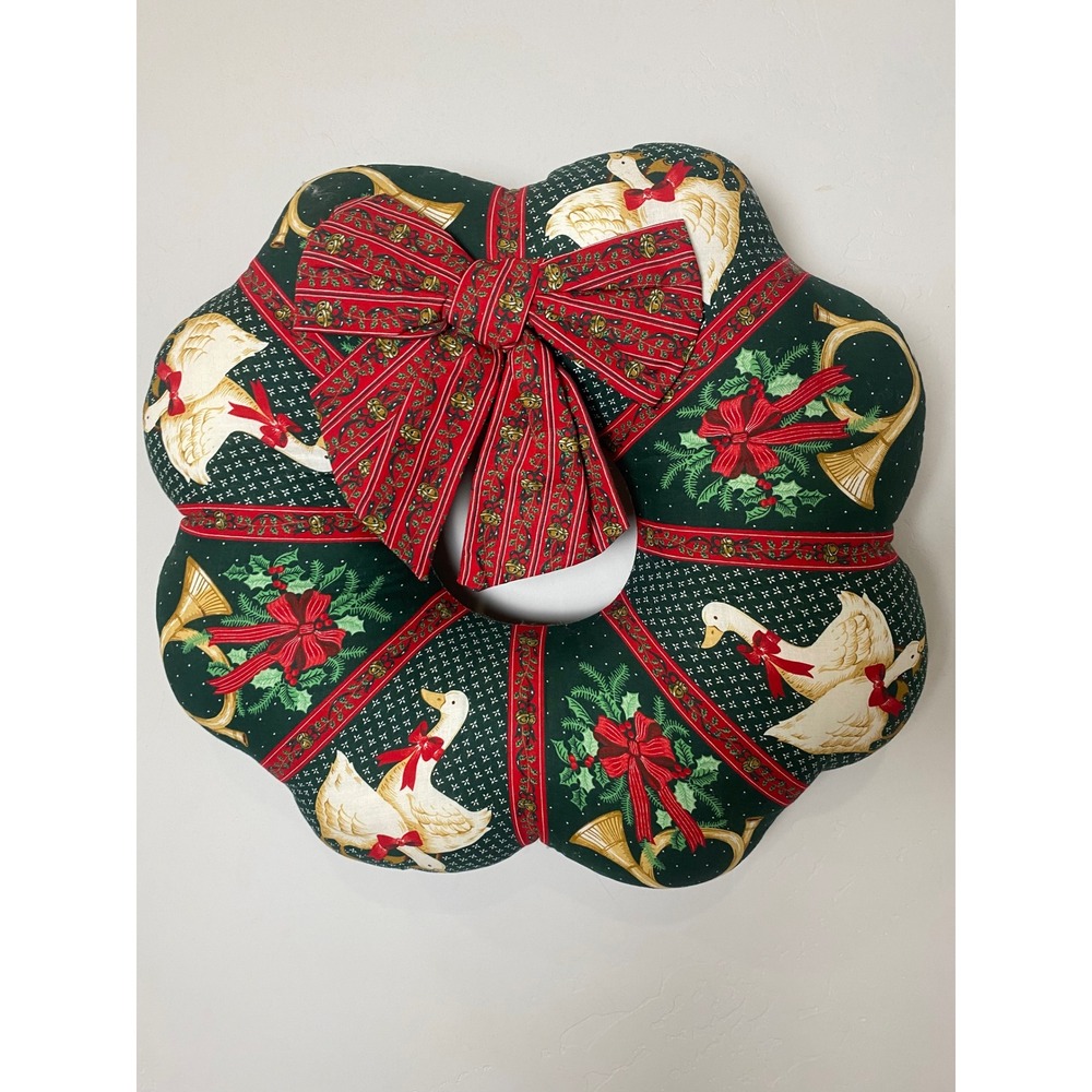 Vintage 80s 90s Christmas Fabric Wreath Stuffed Plush Goose Horn Bow Decor Green